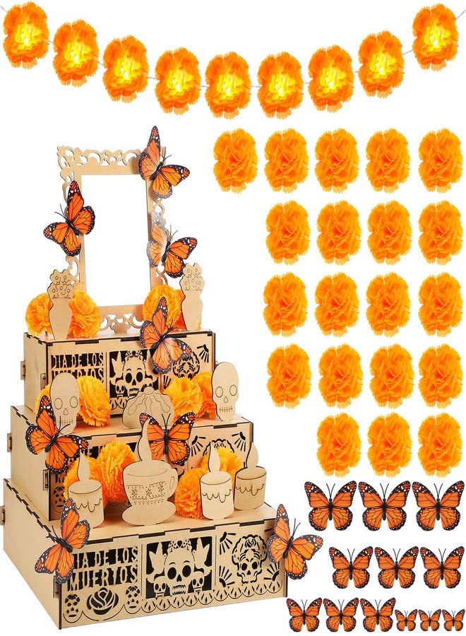 Colingmill 34 Pcs Dia De Los Muertos Decorations Day of the Dead Altar Kit Dia De Los Muertos Altar Ofrenda Shadow Box Wooden Included 6 Inch Marigold Garland with Light Flower Butterfly (Classic) - Image 1